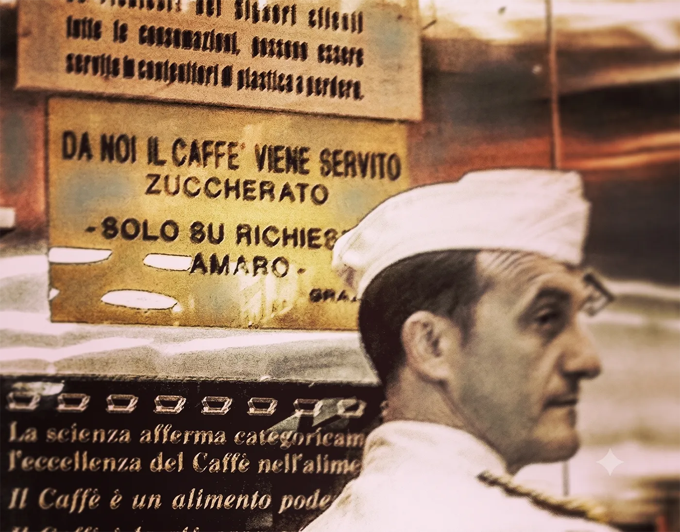 Cartel en una barra napolitana indicando que el café se sirve azucarado salvo petición en contrario.